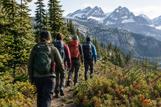 Group of hikers walking close together on a forested Rocky Mountain trail in Canada, one hiker carrying bear spray in a hip holster