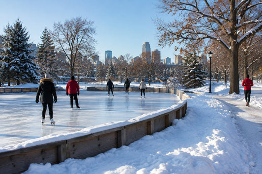 Adults skating on an outdoor neighbourhood rink in a Canadian park on a sunny winter afternoon, with snowbanks and bare trees around the ice