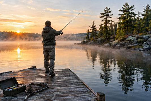 Angler casting from a wooden dock on a quiet Manitoba lake at sunrise, with a tackle box and landing net beside a folded fishing licence