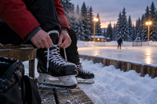 Young hockey player lacing up skates on a wooden bench beside a snowy outdoor rink at dusk, with spruce trees and boards in the background