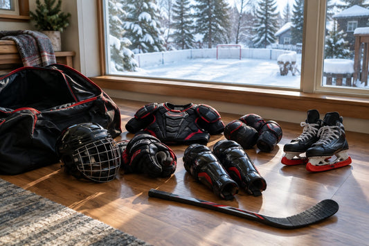 Children in full hockey gear with helmets and cages skating on a frozen outdoor rink surrounded by snowbanks and evergreen trees in Canada