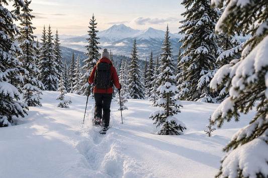 Snowshoer walking a packed forest trail beside a groomed ski track in a snowy Canadian national park, with spruce trees and mountains behind