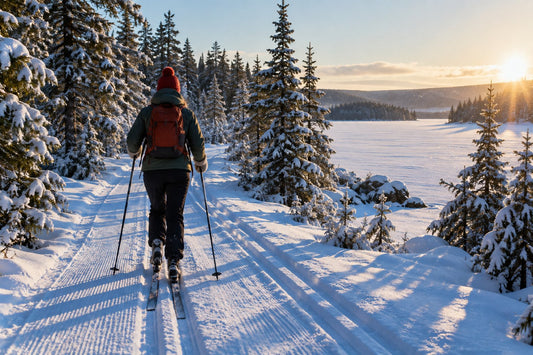 Cross-country skier in layered winter clothing, toque and mitts gliding along a snowy trail through a frozen boreal forest on a clear cold morning