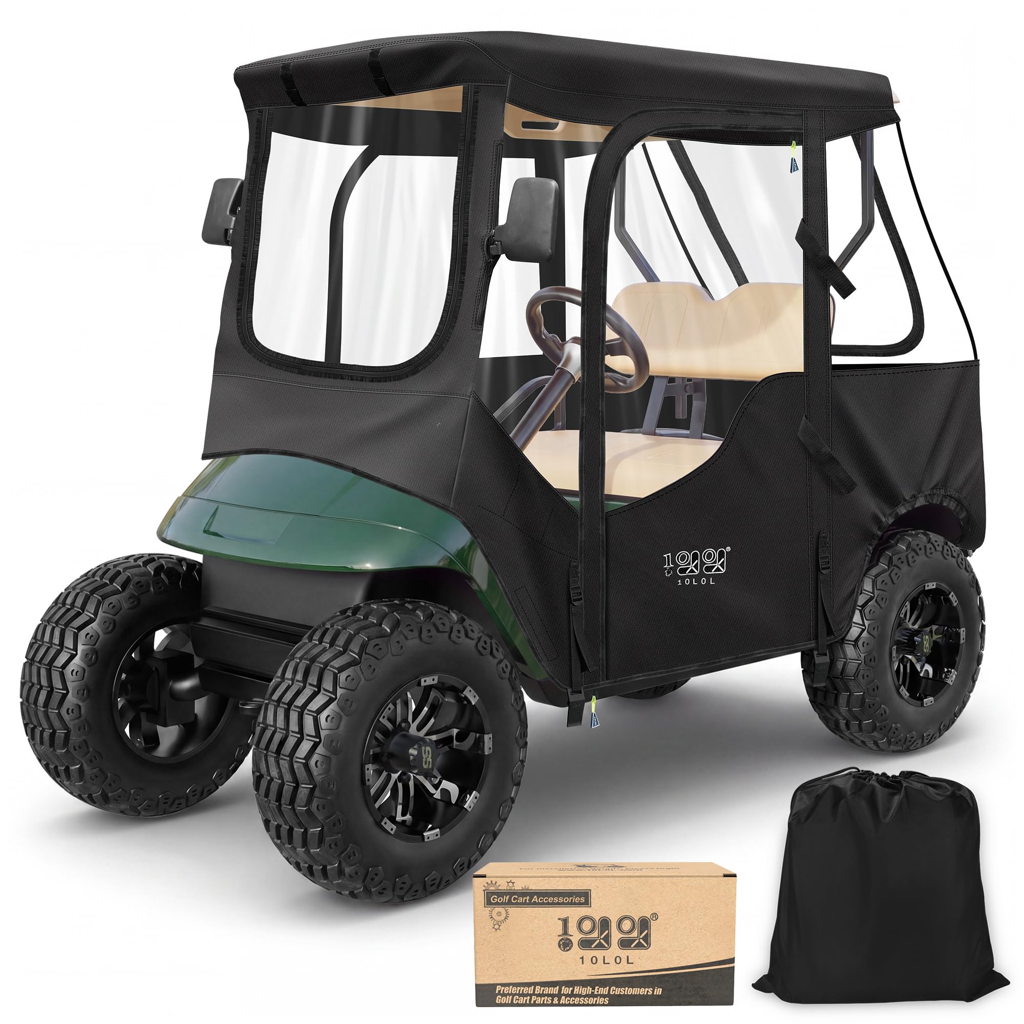 10L0L front view of enclosure on EZGO TXT RXV showing full coverage and protection