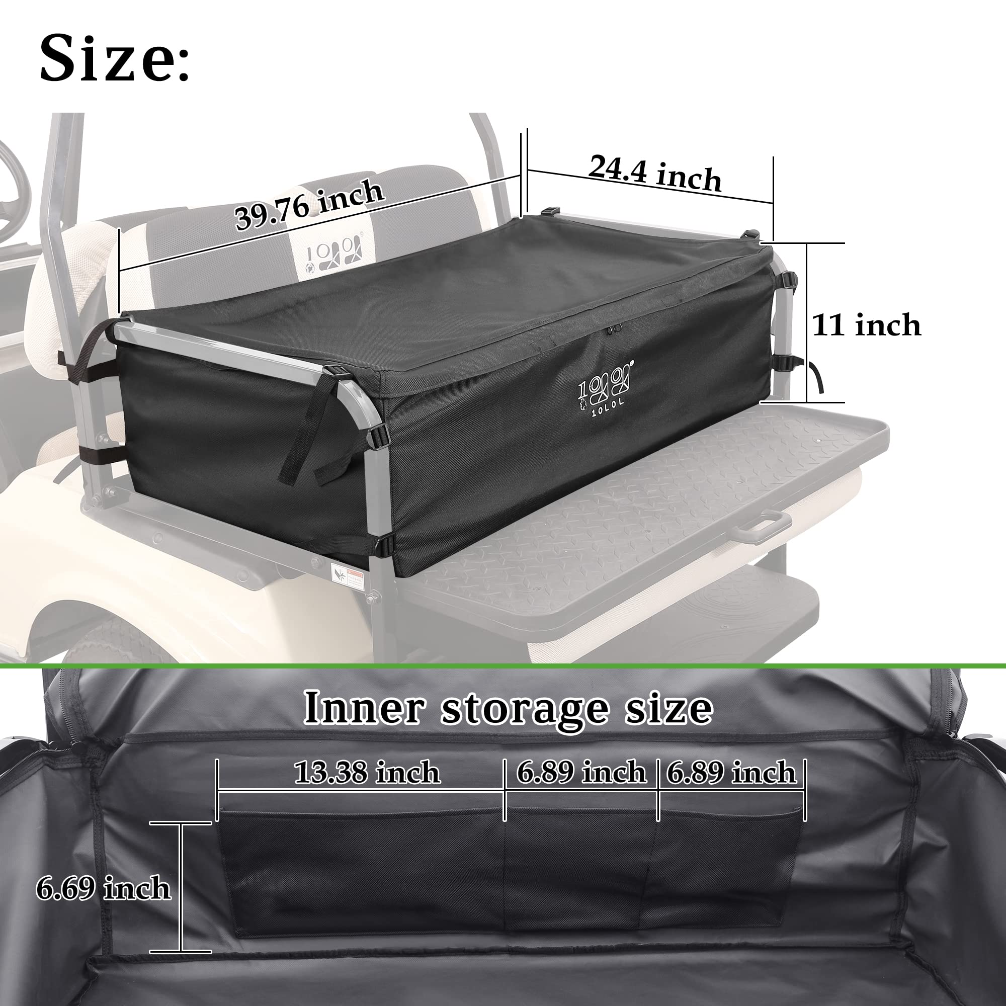 10L0L size comparison with cart seat showing roomy 39.8x24.4x11 dimensions