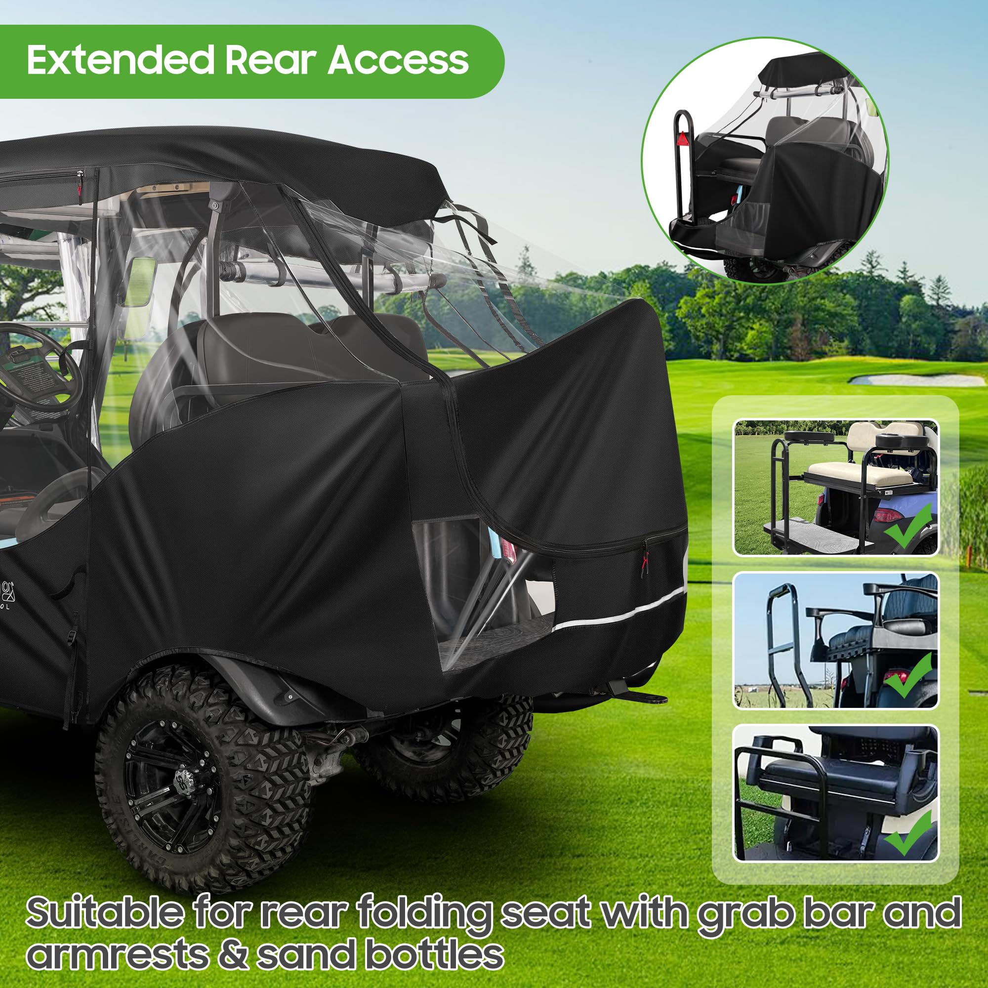 10L0L golf cart driven in rain with enclosure keeping passengers dry