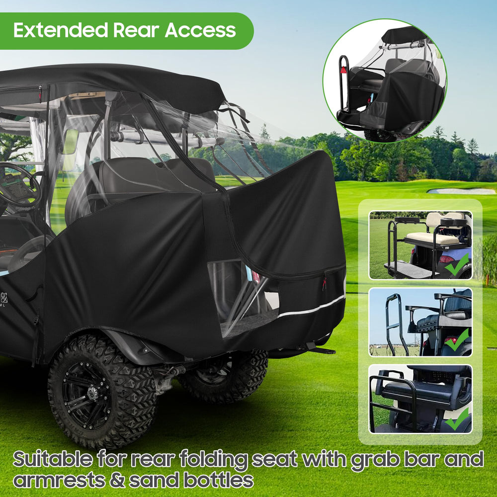 10L0L golf cart driven in rain with enclosure keeping passengers dry