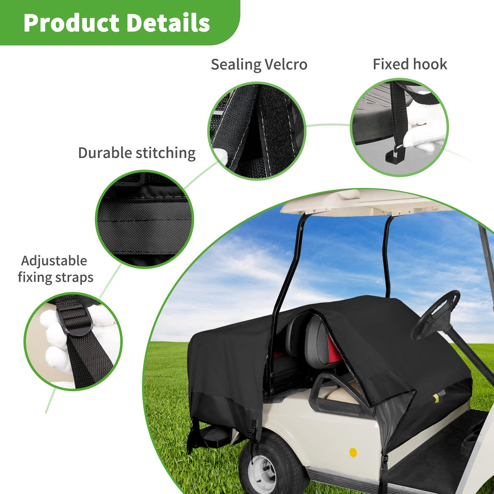 10L0L cover on cart at golf course showing clean seats and UV protection