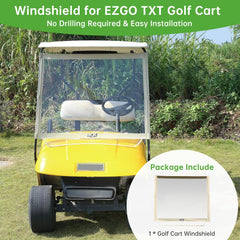10L0L windshield installed on golf cart protecting riders from wind and rain benefit