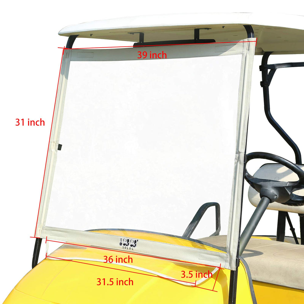 10L0L windshield next to a golf bag showing size and portability benefit
