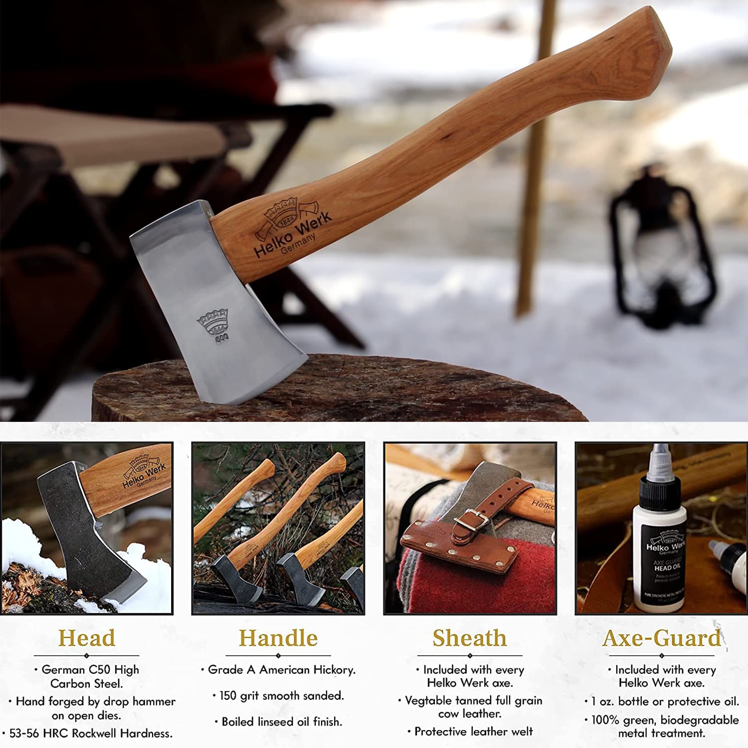 1844 Helko Werk hickory handle grain detail showing comfortable grip and finish