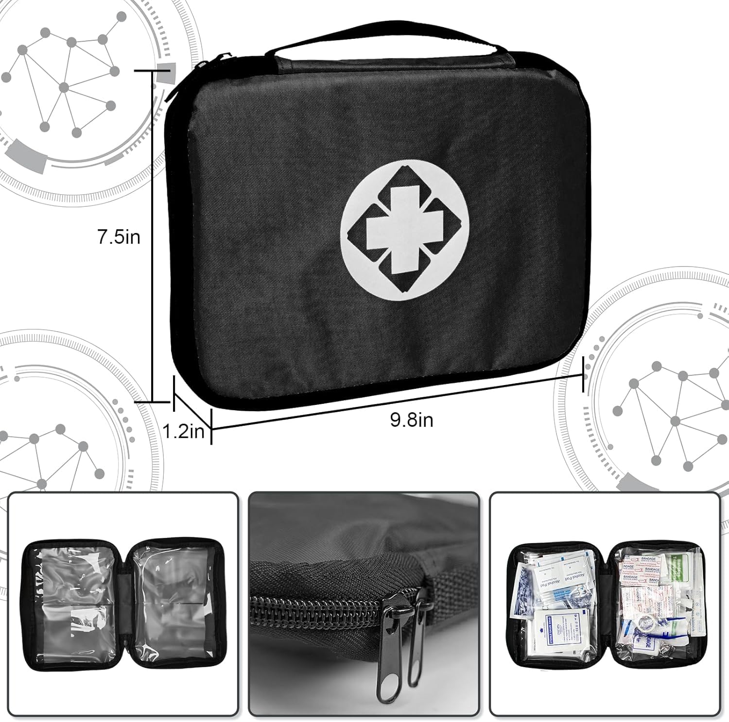 1st Aid pouch next to water bottle showing compact size for travel convenience
