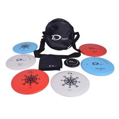 1st Disc front view of blue carry bag with all discs, organized for easy transport