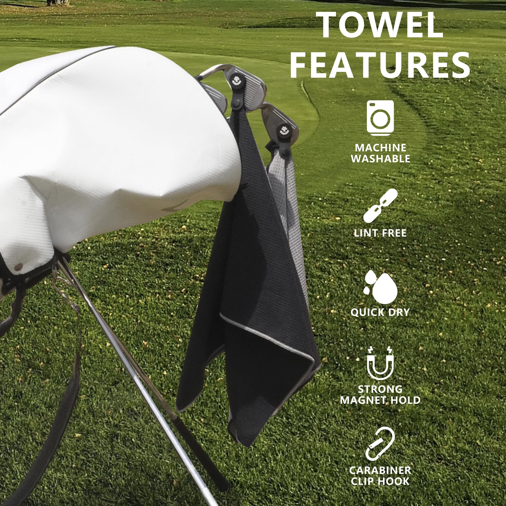 4Monster towel clipped to golf bag showing hands-free accessibility