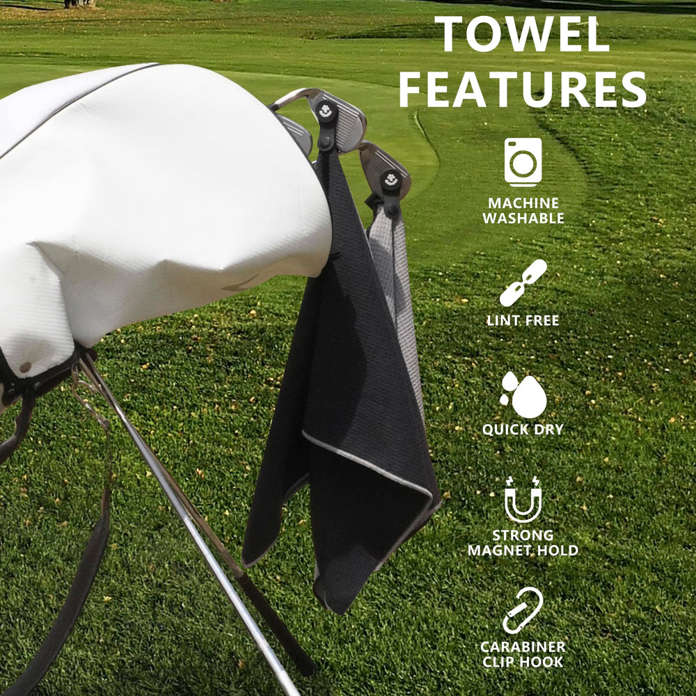 4Monster towel clipped to golf bag showing hands-free accessibility