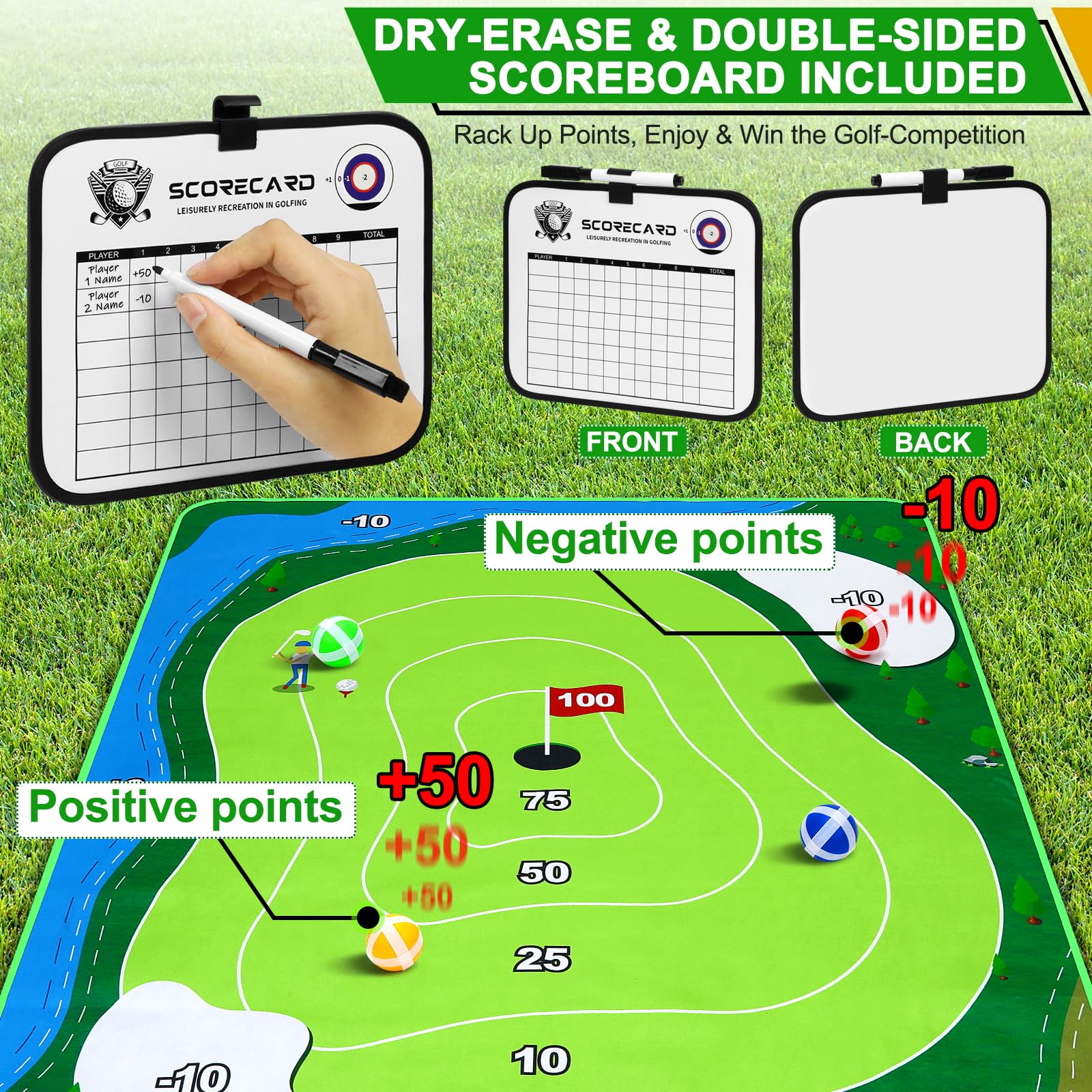 52HZ mat staked into backyard grass showing stable outdoor setup and playability