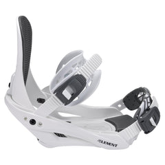 5th Element bindings mounted on a snowboard in snow demonstrating reliable control