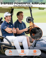 A2C fan mounted on a golf cart providing silent cooling during a sunny round
