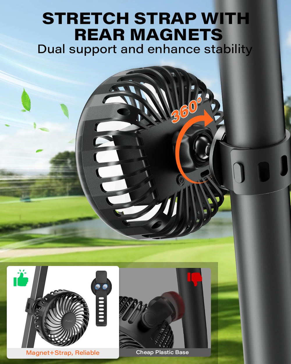 A2C fan silicone strap and magnet mounting closeup for stable attachment benefit