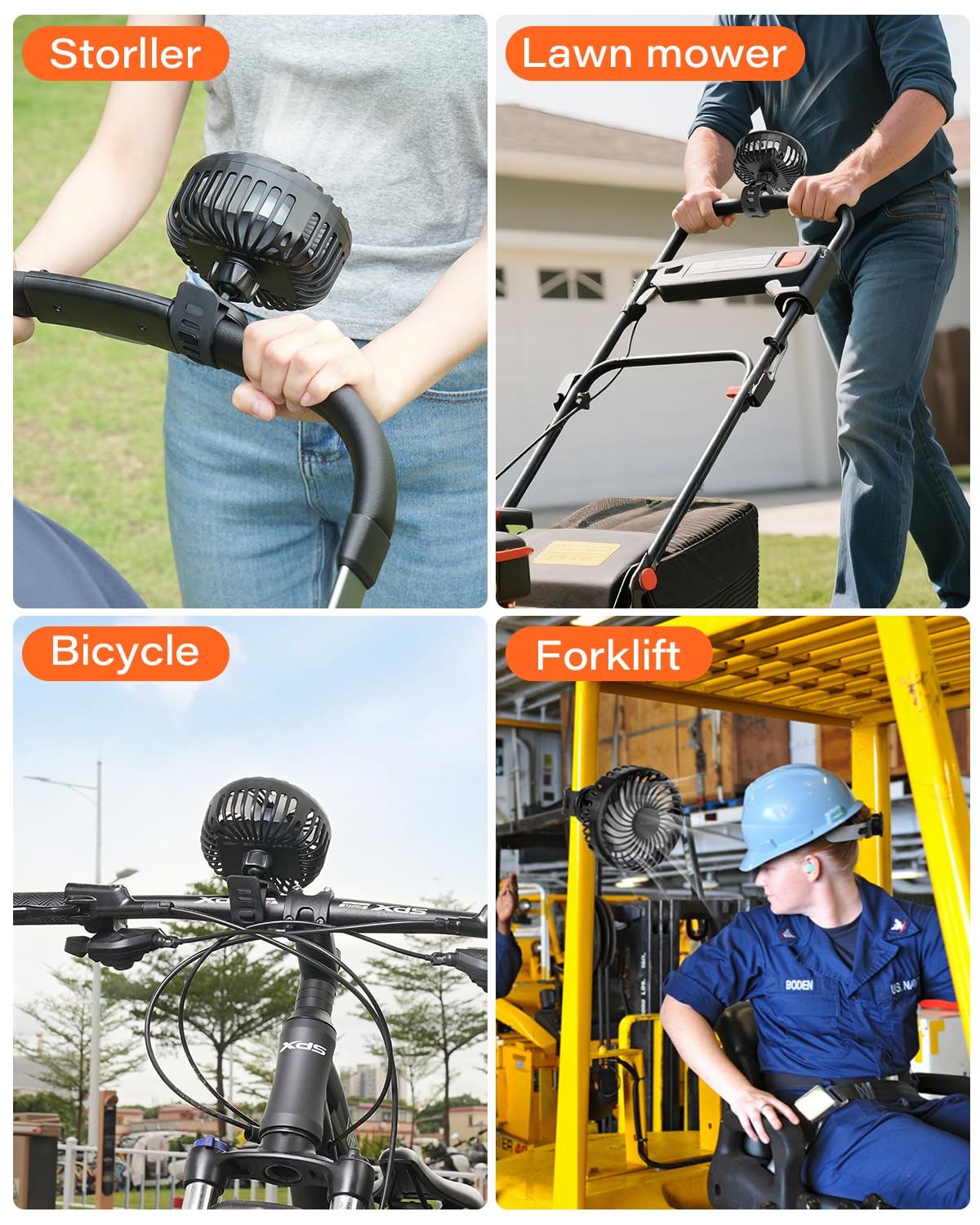 A2C fan clipped to a scooter handlebar highlighting versatile outdoor use