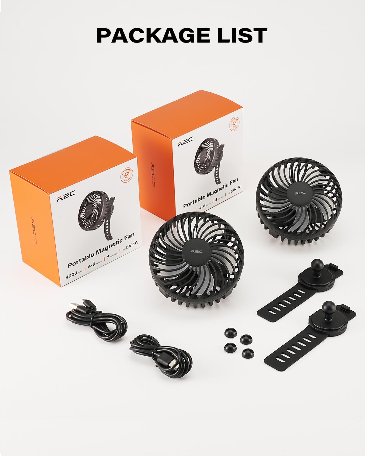 A2C product box open with two fans, straps, cables, and manual for complete kit