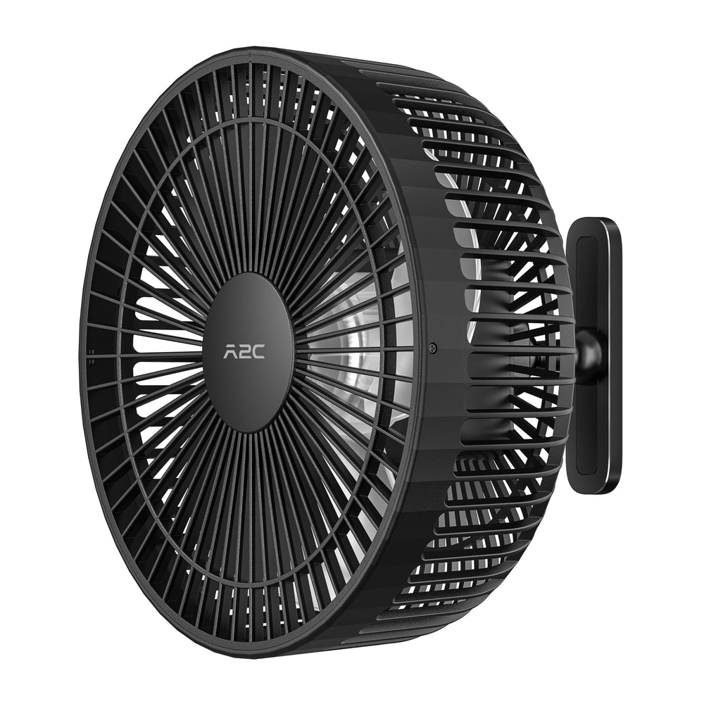 A2C fan next to a hand for size comparison showing portable design and convenience