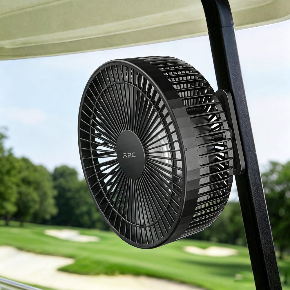 A2C golf cart fan front view showing blades and grille providing focused cooling