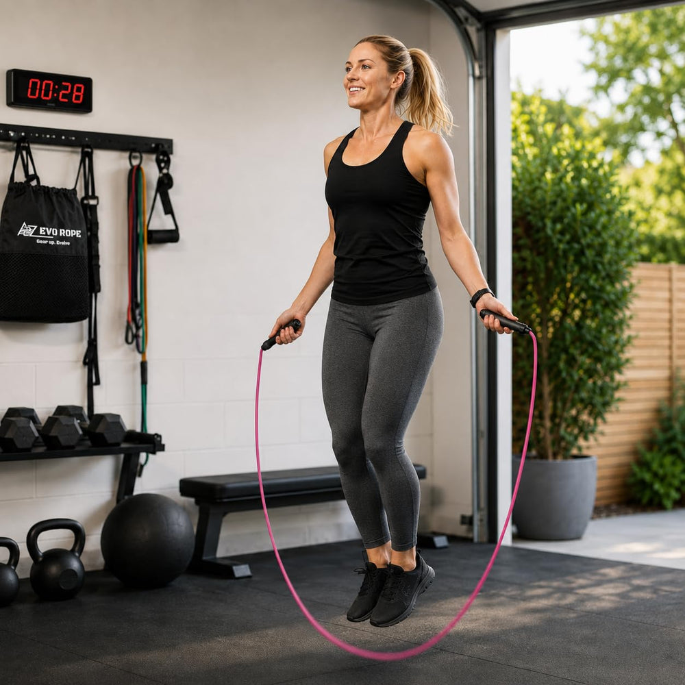 A2Z Evo Rope next to a hand for scale showing adjustable length and travel-friendly size