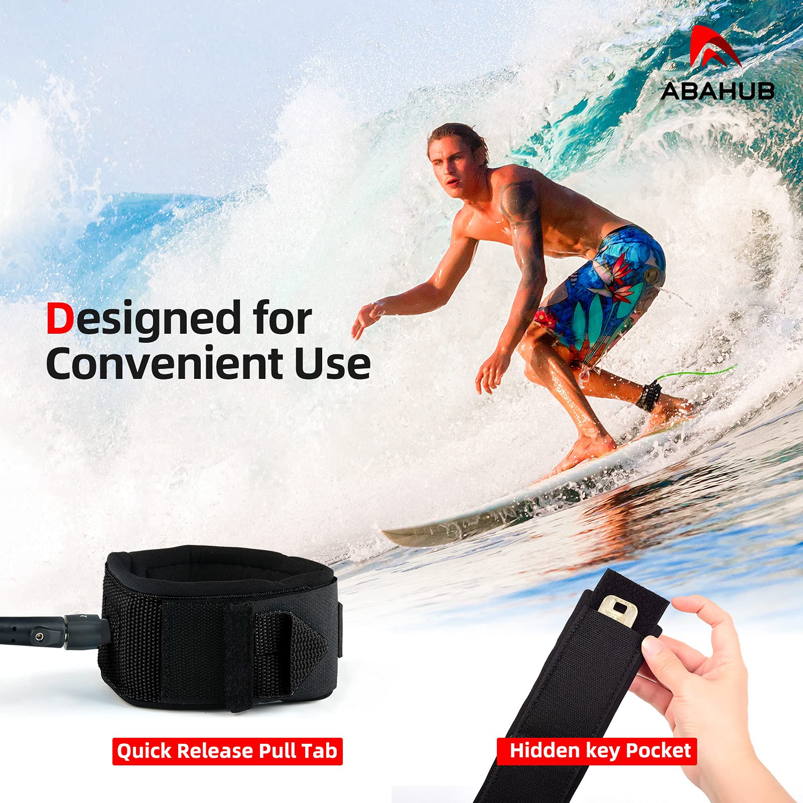 Abahub leash in use on wave with surfer, keeps board close for safety