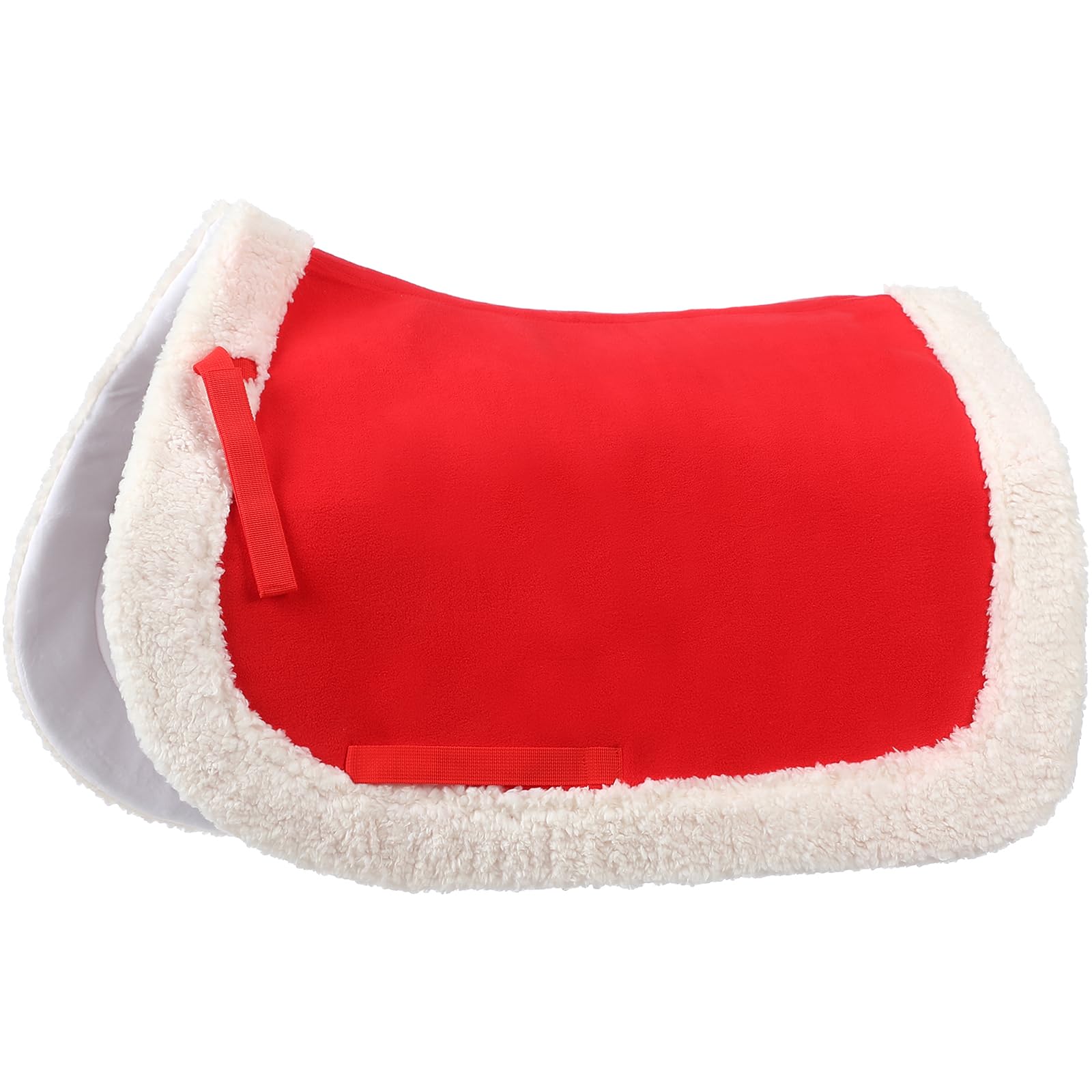 Abbylike front view of red Santa saddle pad showing festive design and protection