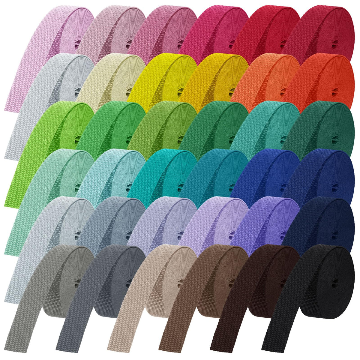 Abeillo front packaging showing 36 colorful webbing rolls and total yardage benefit