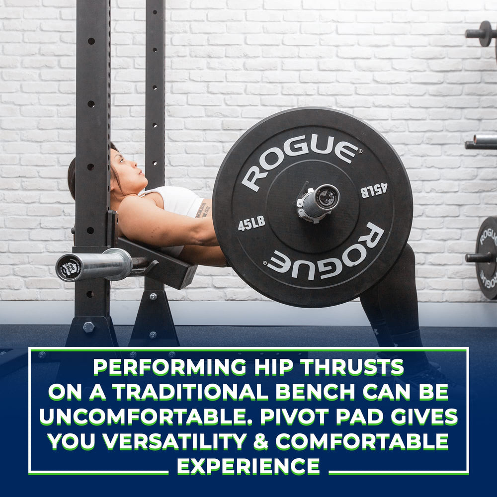 ABMAT Pivot Pad snapped onto an Olympic barbell in a squat rack for space-saving training