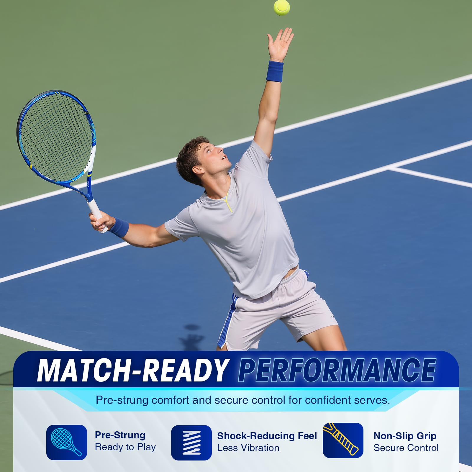 AboveGenius tennis balls and racket head focused to show oversized 105 sq. in. sweet spot