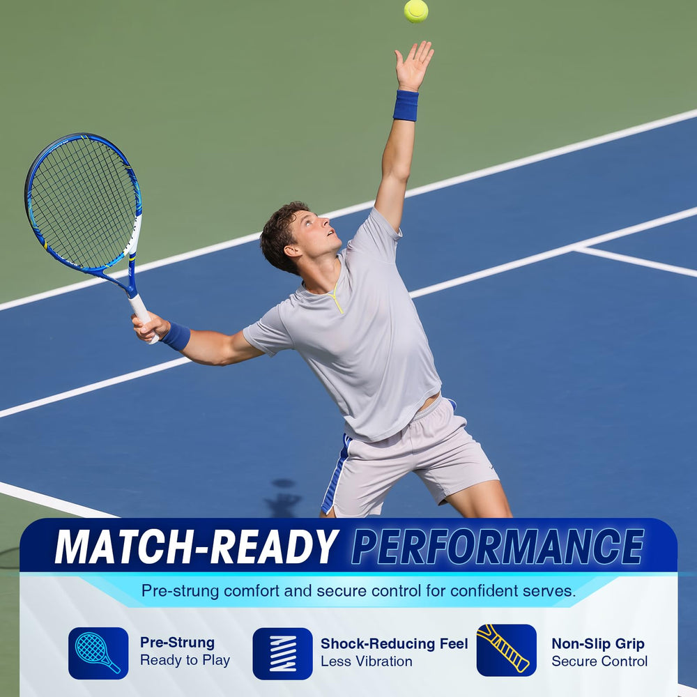 AboveGenius tennis balls and racket head focused to show oversized 105 sq. in. sweet spot