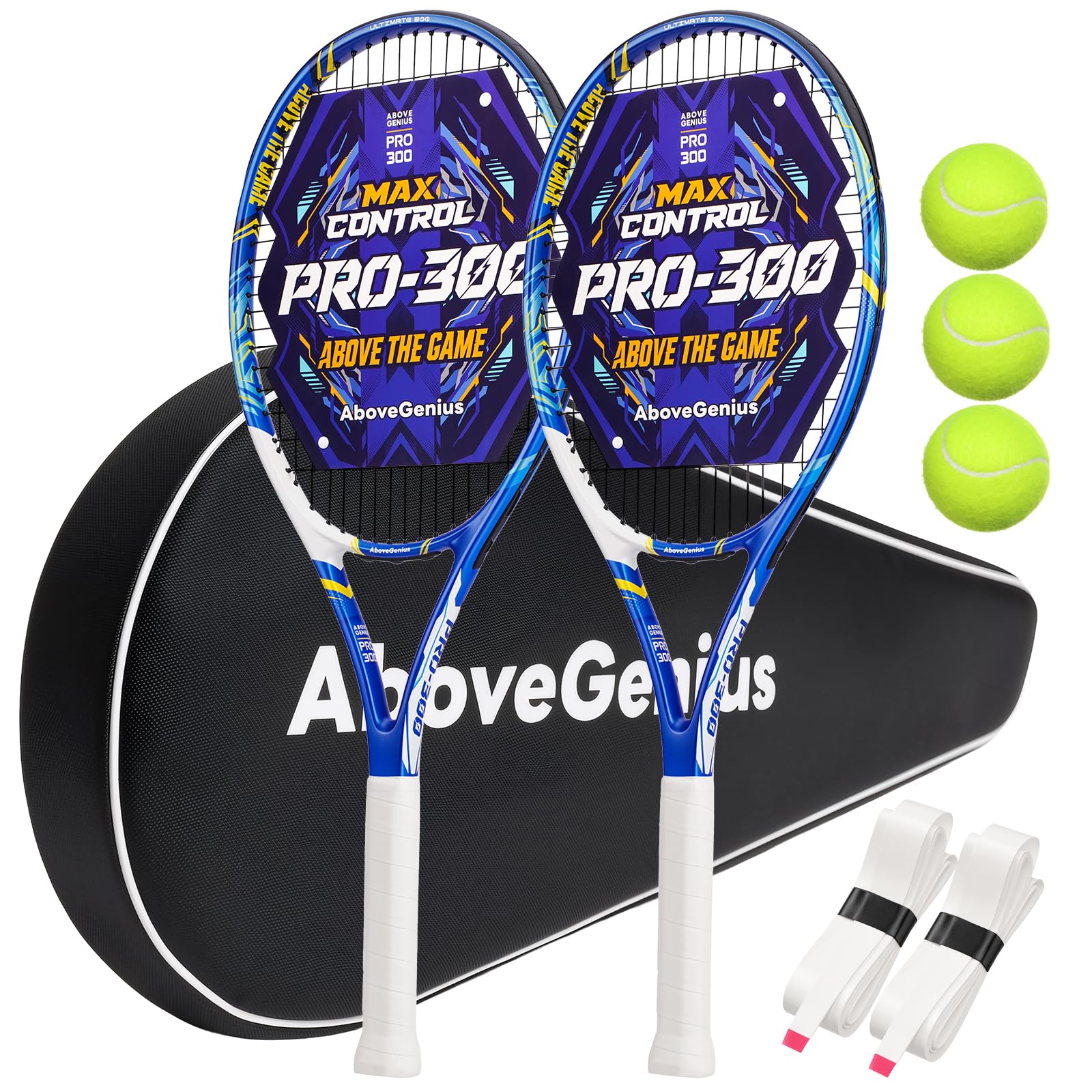 AboveGenius front packaging showing two racquets and included accessories for immediate play