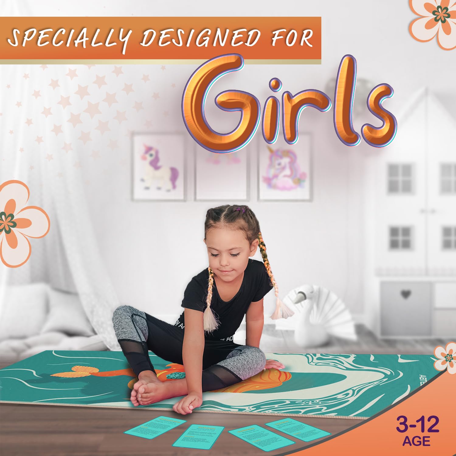 ABTECH yoga cards spread displaying 12 illustrated kid-friendly poses
