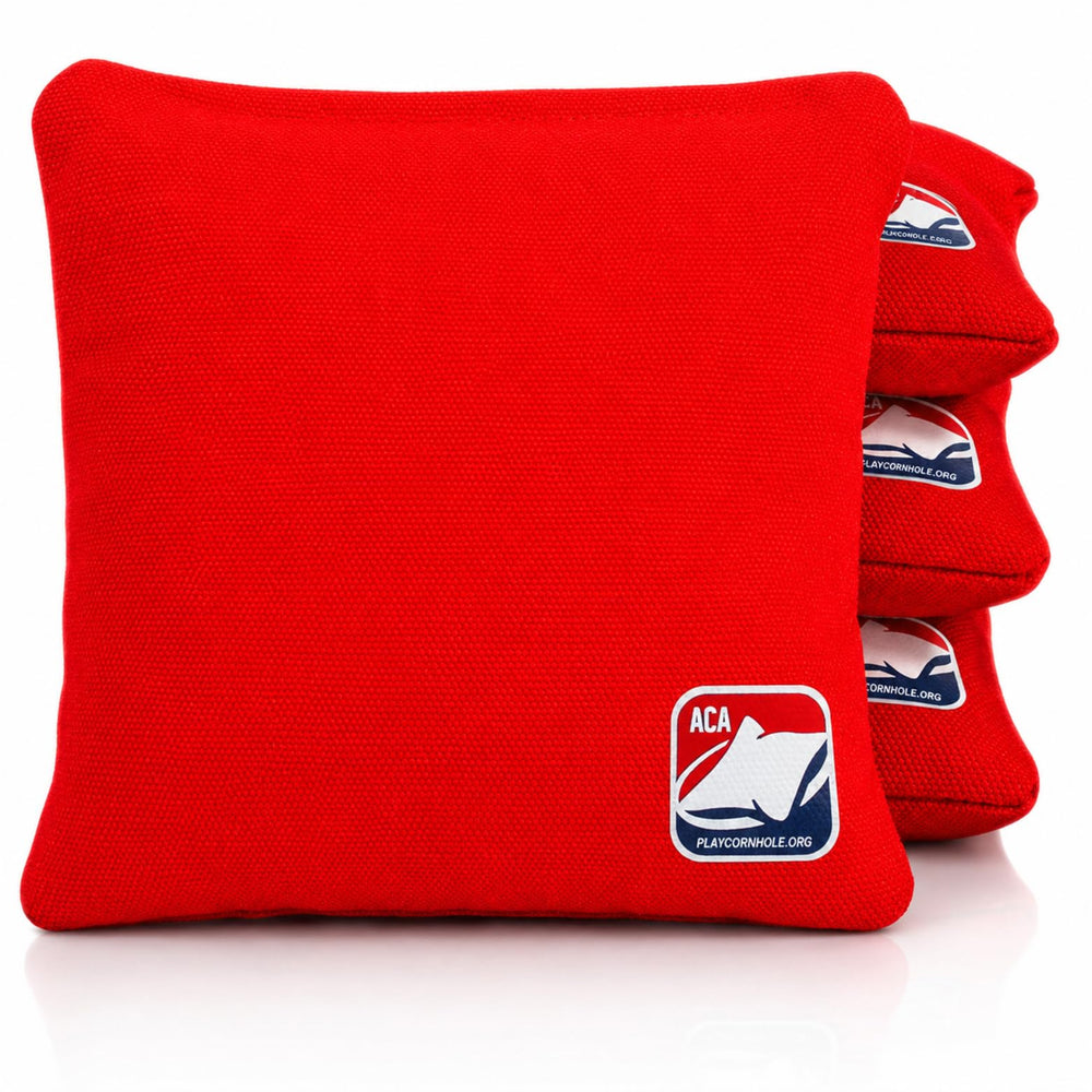 ACA red cornhole bags front view showing durable duck cloth and ACA logo benefit durable play