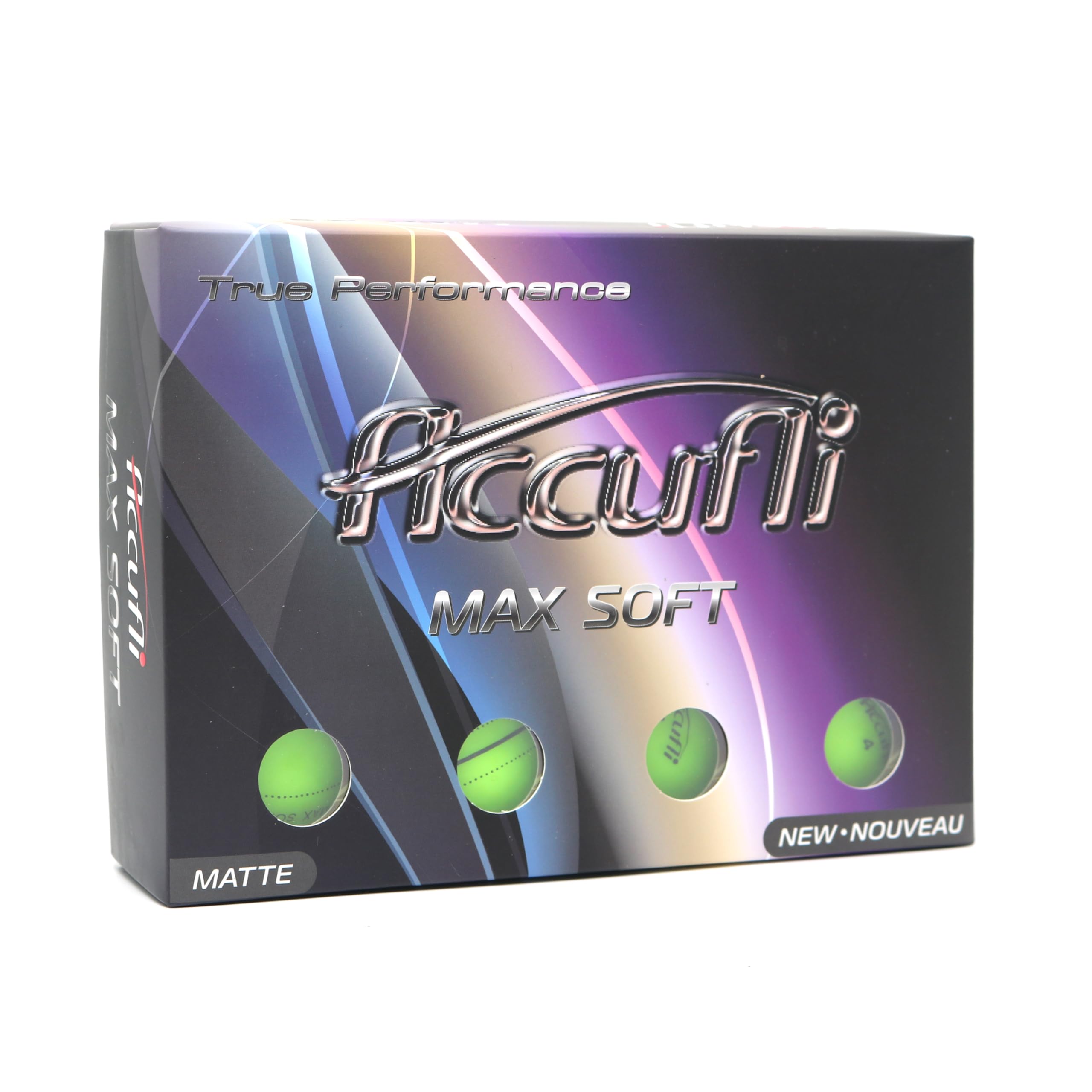 ACCUFLI Max Soft in-play shot mid-air over fairway demonstrating stable flight and visibility benefit