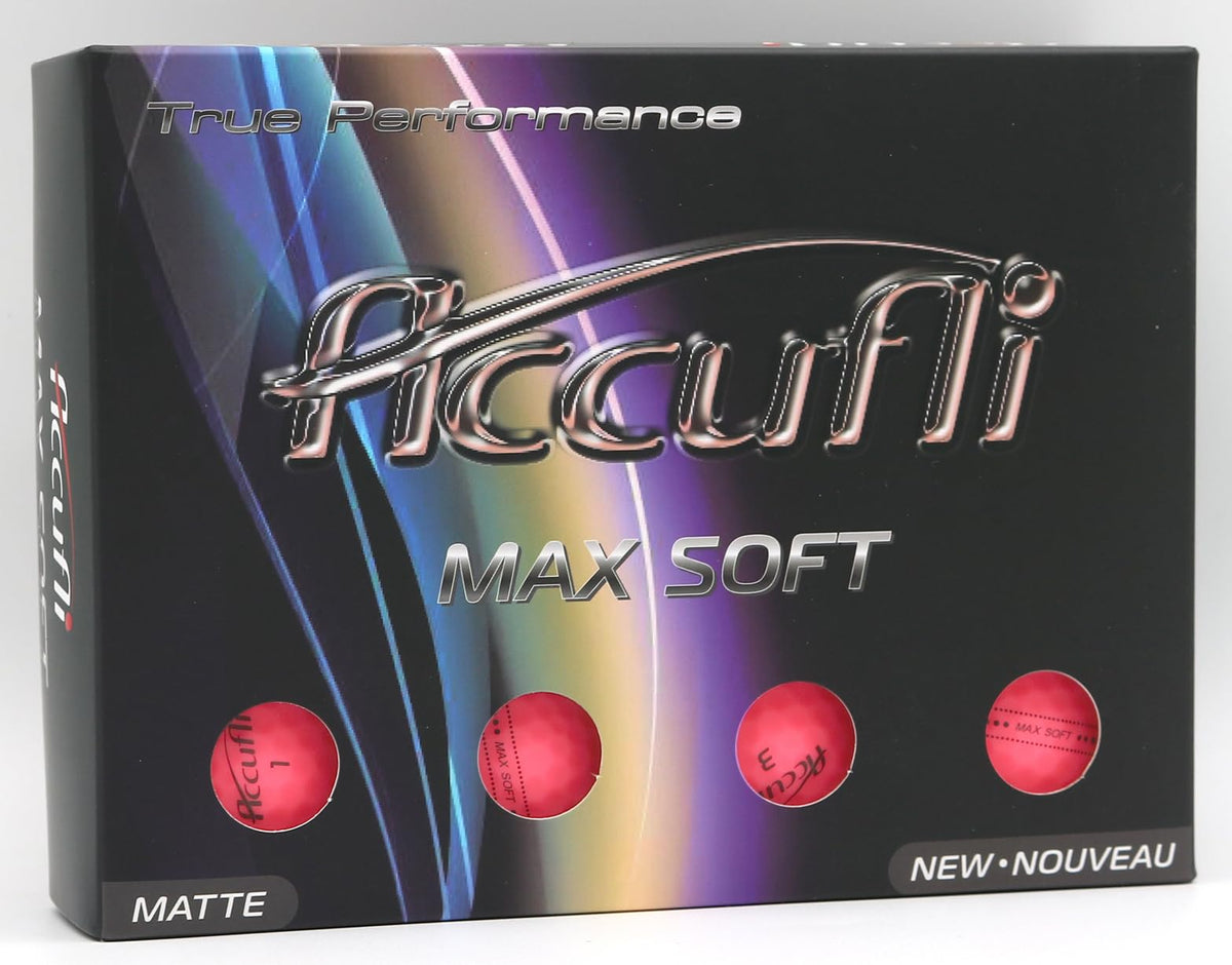 ACCUFLI Max Soft front packaging in matte pink showing 12 balls and alignment aid for easy setup