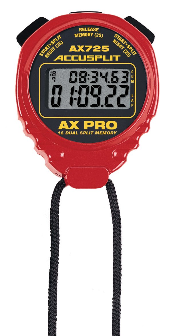 ACCUSPLIT AX725 front view in red showing dual-line display and readable timing