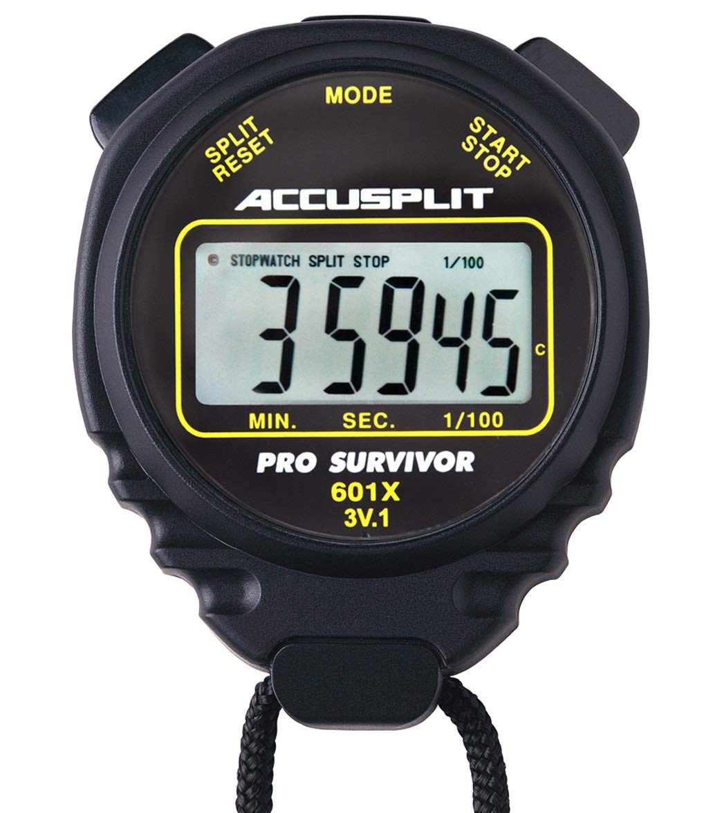 ACCUSPLIT Pro Survivor front view showing display and durable X case for clear timing