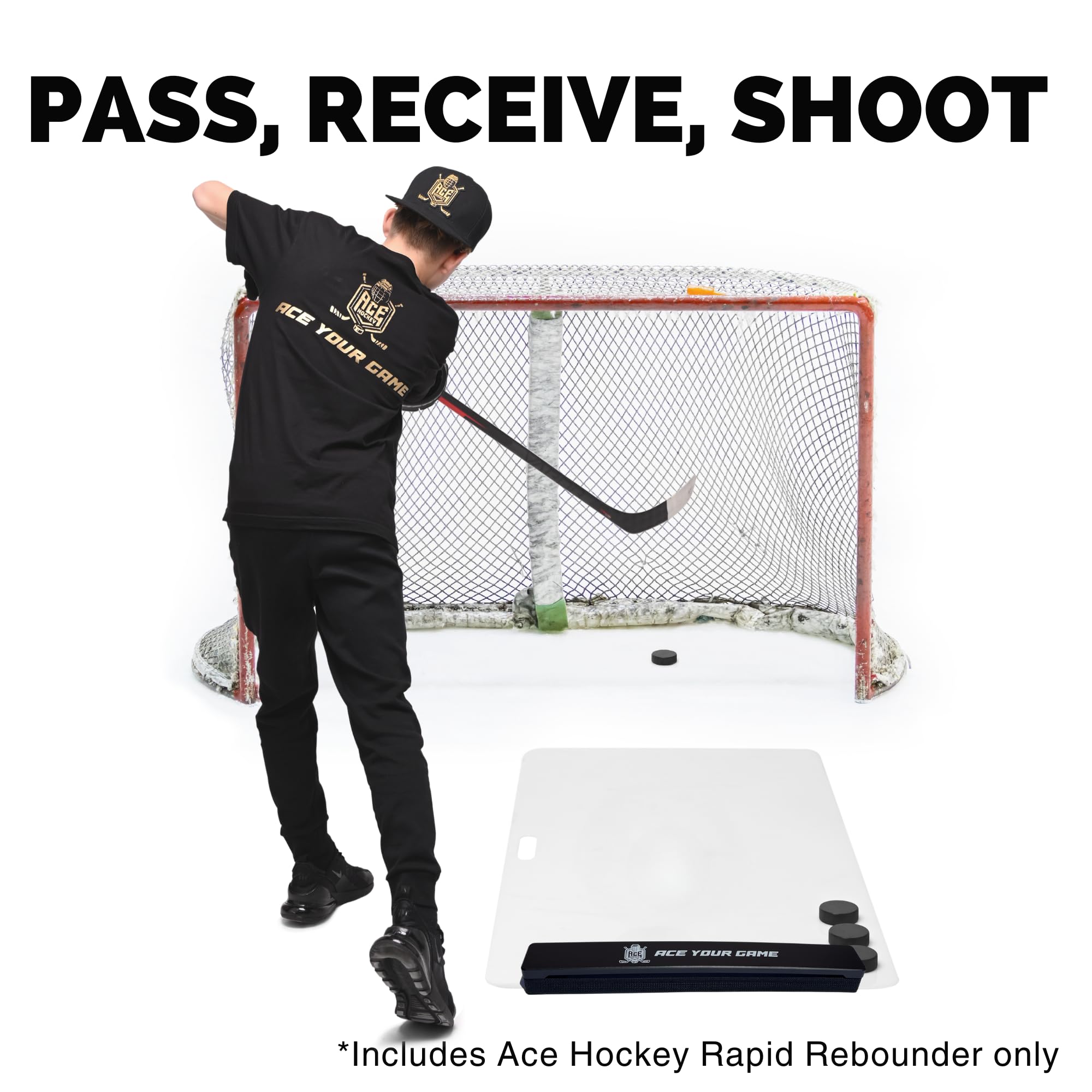 ACE HOCKEY mounted on shooting pad demonstrating secure install benefit: stable training returns