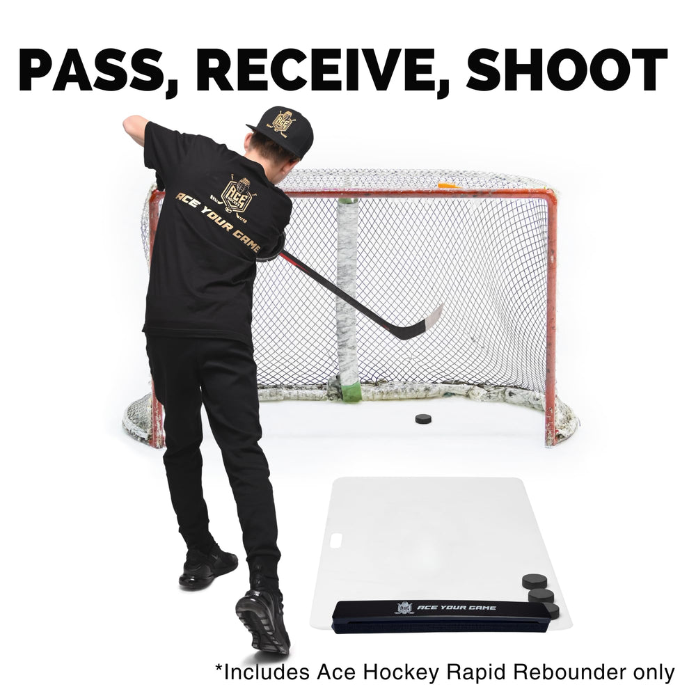 ACE HOCKEY mounted on shooting pad demonstrating secure install benefit: stable training returns