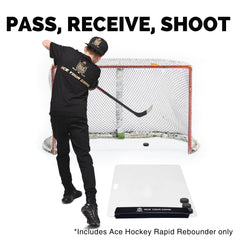 ACE HOCKEY mounted on shooting pad demonstrating secure install benefit: stable training returns