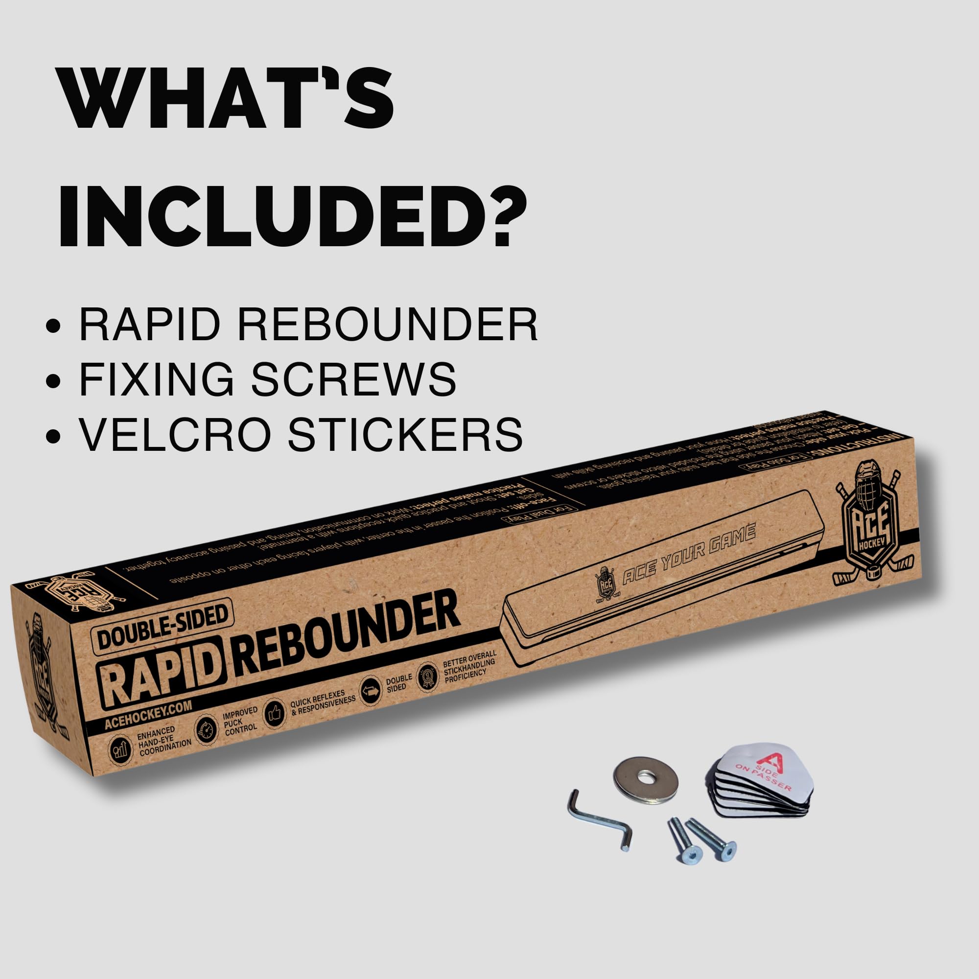 ACE HOCKEY mounting screws and stickers displayed benefit: easy two-option installation