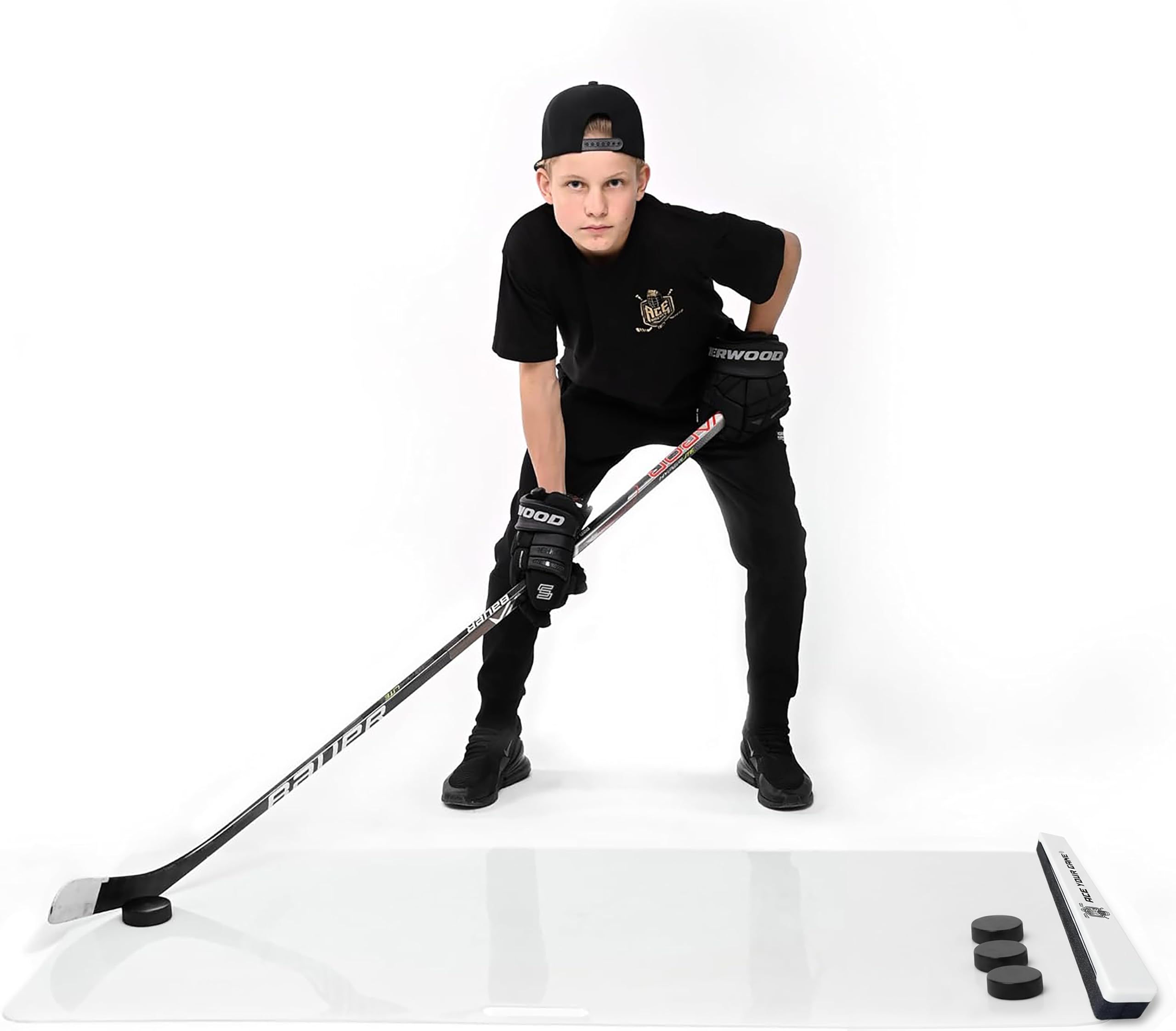ACE HOCKEY screws and non-slip stickers displayed for quick easy installation benefit