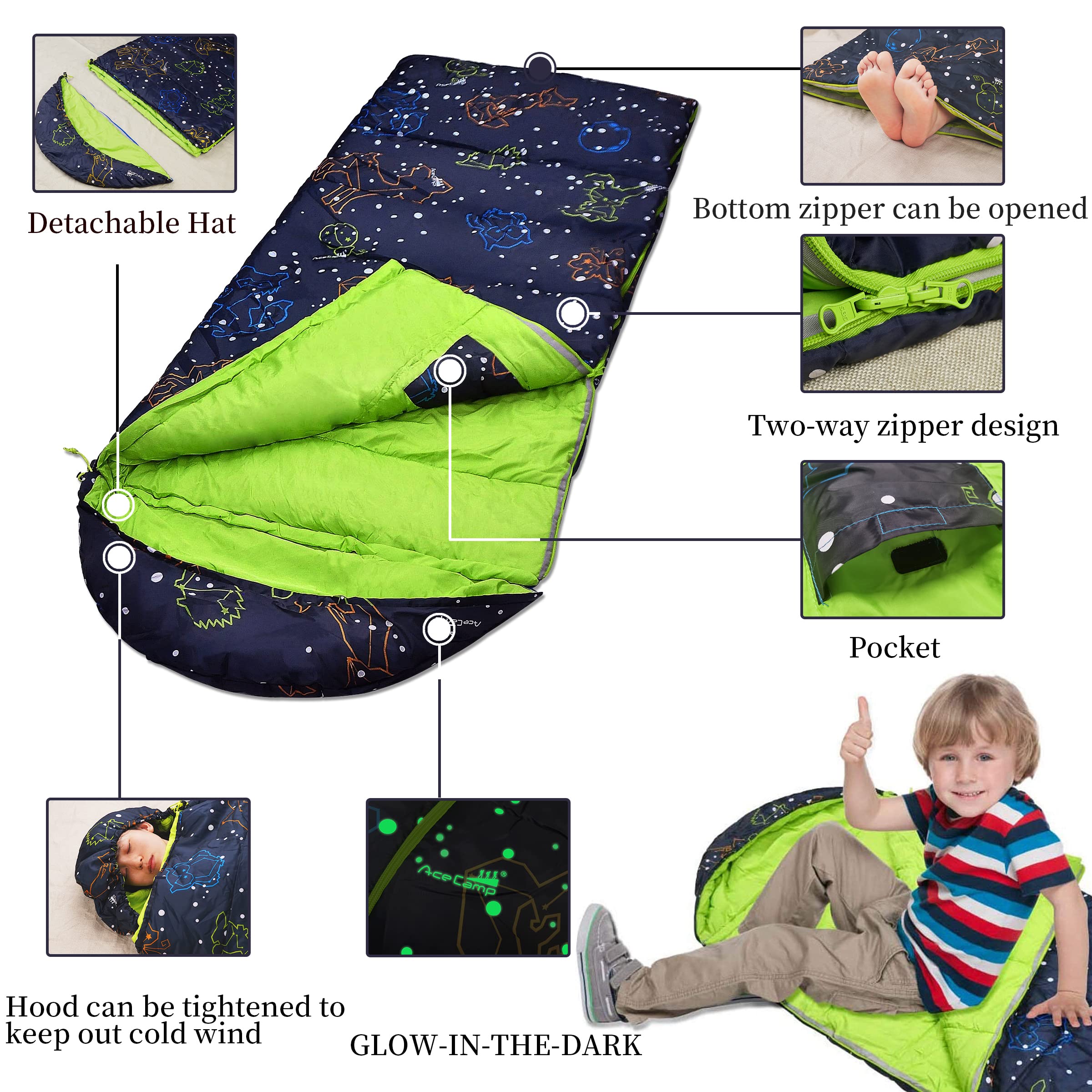 AceCamp close-up of glow-in-the-dark pattern, enhancing night visibility and fun