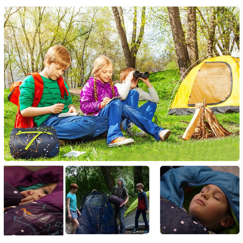 AceCamp sleeping bag flat with measuring tape showing 75x28 inch youth sizing