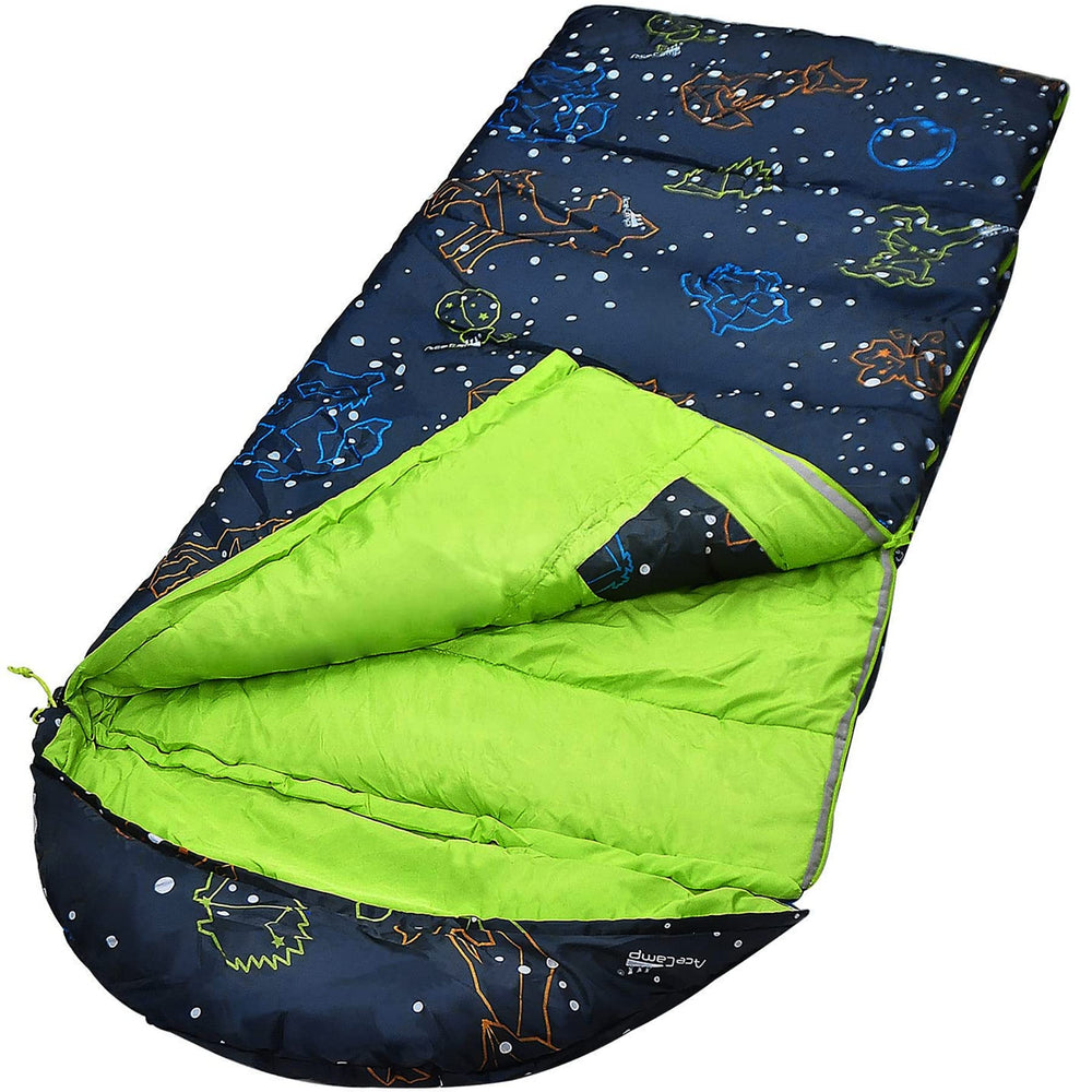 AceCamp front packaging showing full kids sleeping bag and glow stars for fun