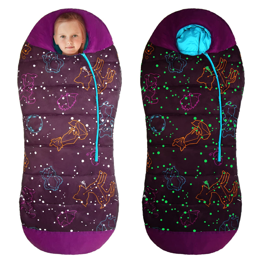 AceCamp front view of purple glow sleeping bag showing playful nighttime visibility and comfort